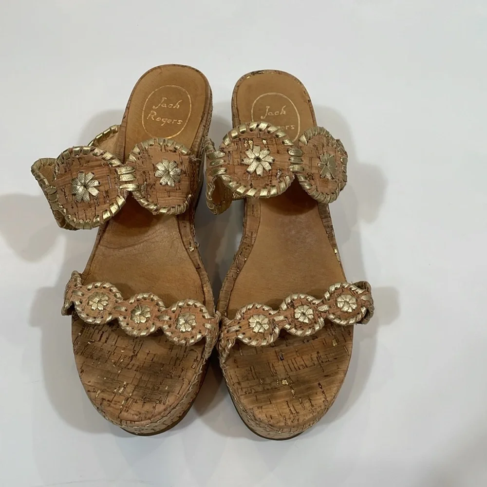 Jack Rogers Cork Wedge Sandals Size 9.5 Gold Trim